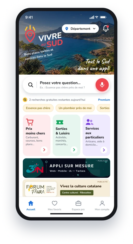 Écran d'accueil de l'application Vivre au Sud : question au clavier ou à la voix, trois modules Prix, Sorties et Services